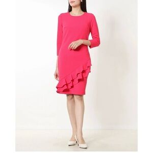 Calvin Klein Vibrant Pink Asymmetrical Dress with Ruffle Hem / Sheath Dress